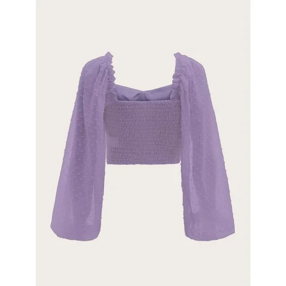 Long sleeve sweetheart neckline Swiss Dot Crop Milkmaid Blouse boho purple - Picture 3 of 3